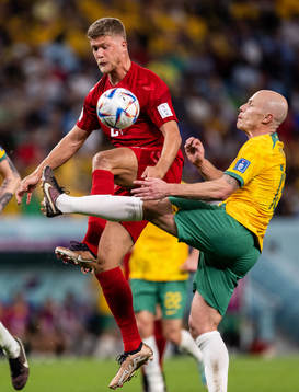Andreas Cornelius of Denmark against Harry Souttar and