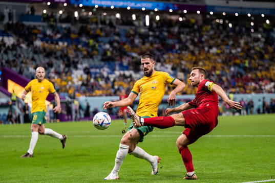 Milos Degenek of Australia and Christian Eriksen of Denmark
