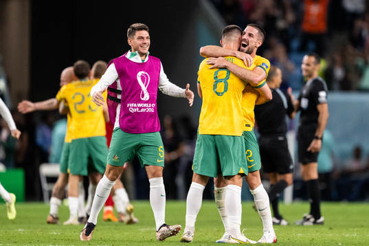 Fran Karacic, Bailey Wright and Milos Degenek of Australia
