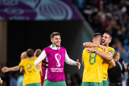 Fran Karacic, Bailey Wright and Milos Degenek of Australia