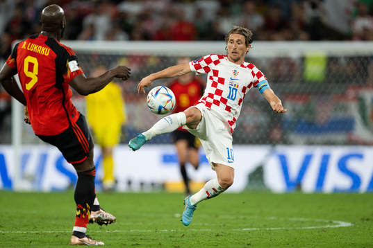 Romelu Lukaku of Belgium and Luka Modric of Croatia