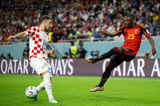 Josip Juranovic of Croatia and Jeremy Doku of Belgium