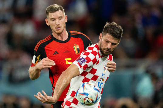 Jan Vertonghen of Belgium and Bruno Petkovic of Croatia