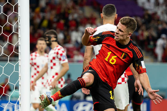 Thorgan Hazard of Belgium reacts