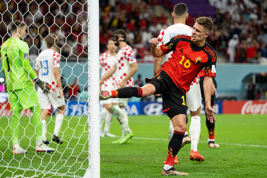 Thorgan Hazard of Belgium reacts