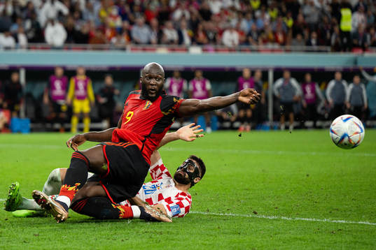 Romelu Lukaku of Belgium and Josko Gvardiol of Croatia