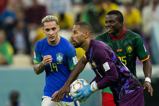 Antony of Brazil against goalkeeper Devis Epassy and Nouhou