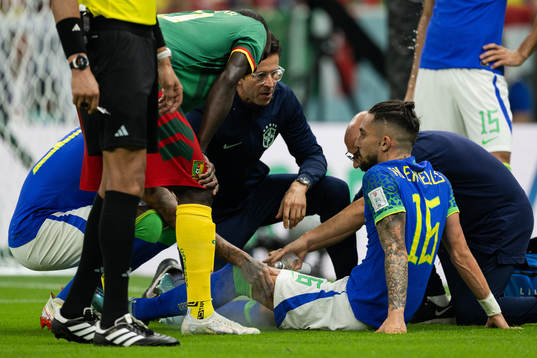 Alex Sandro of Brazil in pain