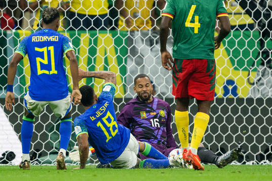 Gabriel Jesus of Brazil abasing goalkeeper Devis Epassy of