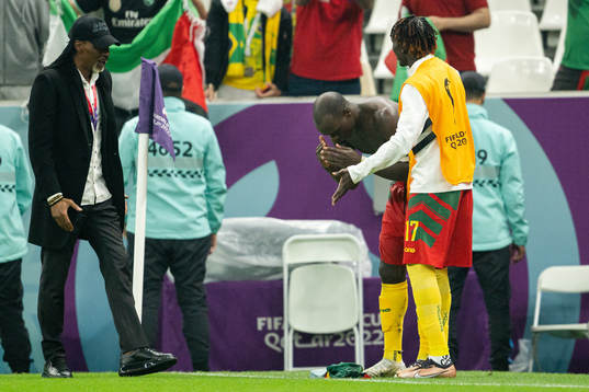 Head coach Rigobert Song, Vincent Aboubakar and Olivier