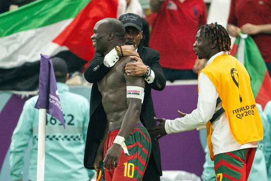 Head coach Rigobert Song, Vincent Aboubakar and Olivier