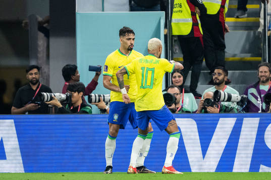 Lucas Paqueta and Neymar of Brazil dances