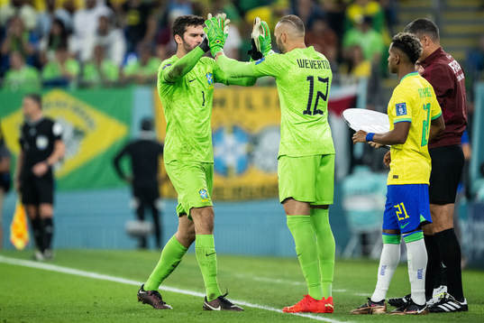 Goalkeeper Alisson of Brazil is substituted off for