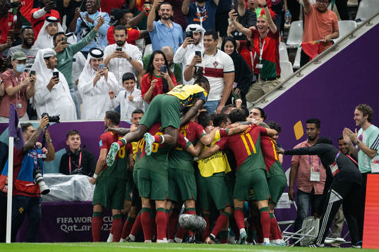 Goncalo Ramos of Portugal celebrates with teammates