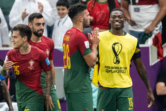 Goncalo Ramos of Portugal celebrates with teammates