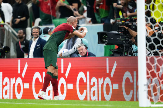 Pepe of Portugal celebrates in to a tv camera