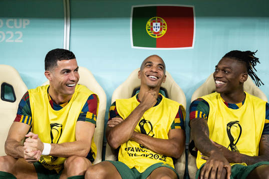 Cristiano Ronaldo, Joao Mario and Rafael Leao of Portugal