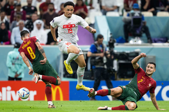 Noah Okafor of Switzerland against Bruno Fernandes and