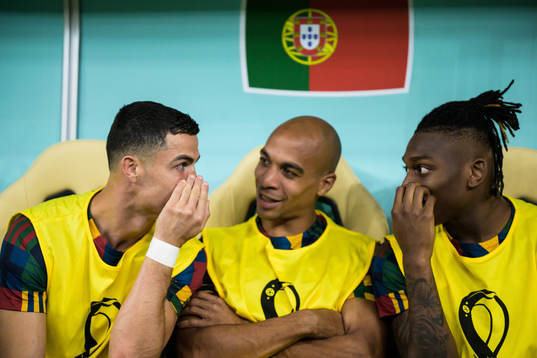 Cristiano Ronaldo, Joao Mario and Rafael Leao of Portugal