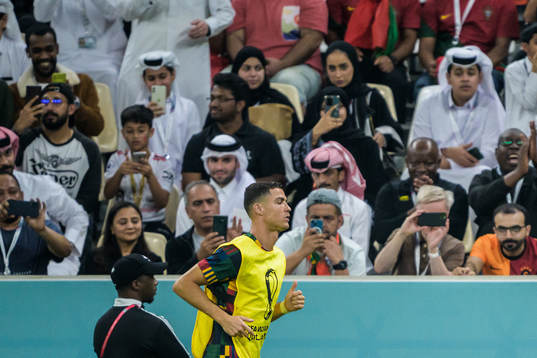 Cristiano Ronaldo of Portugal warms up in front of