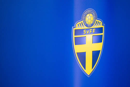 The logotype of the Swedish football association at a press
