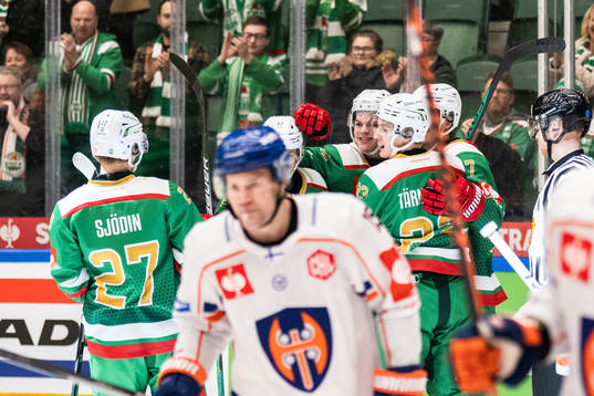 Oskar Pettersson of Rögle celebrates with teammates