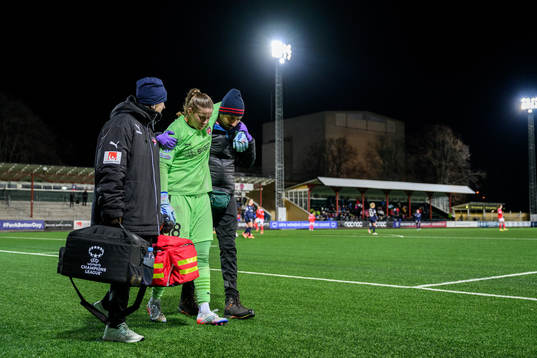 goalkeeper Teagan Micah of Rosengård in pain