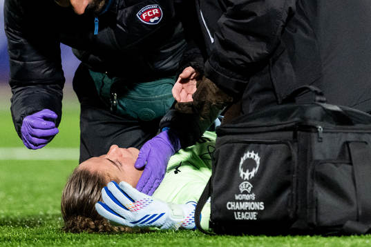 Goalkeeper Teagan Micah of Rosengård in pain