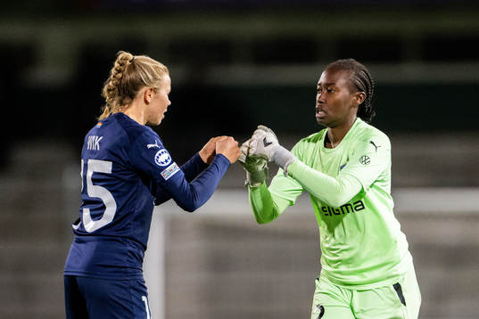 Jessica Wik and goalkeeper Angel Mukasa of Rosengård