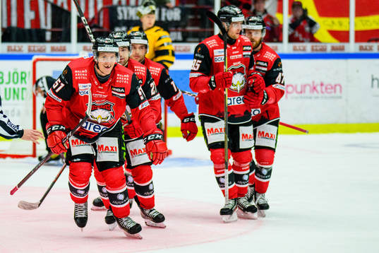 Malmö Redhawks Emil Sylvegård jublar med lagkamraterna