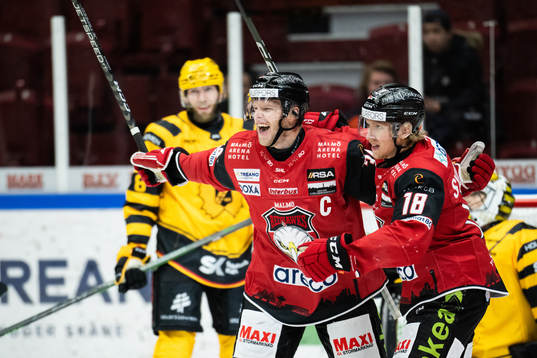 Malmö Redhawks Carl Söderberg och Marcus Sylvegård jublar