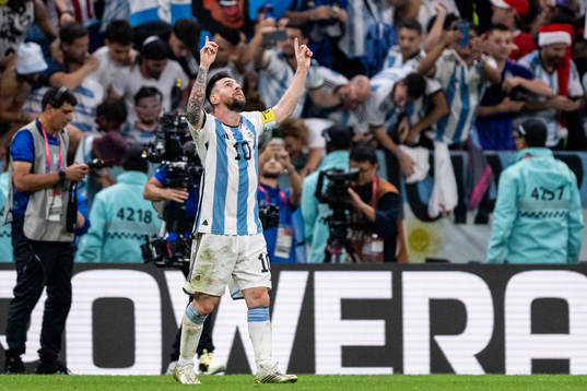 Lionel Messi of Argentina celebrates his 2-0 goal from the