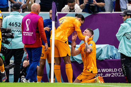 Virgil van Dijk and Wout Weghorst of Netherlands celebrate