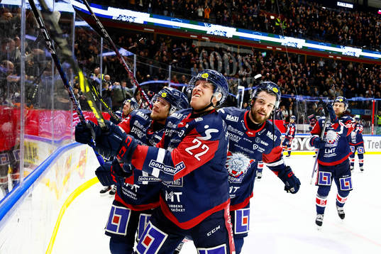 Linköpings Vilmos Gallo och  Oscar Fantenberg jublar