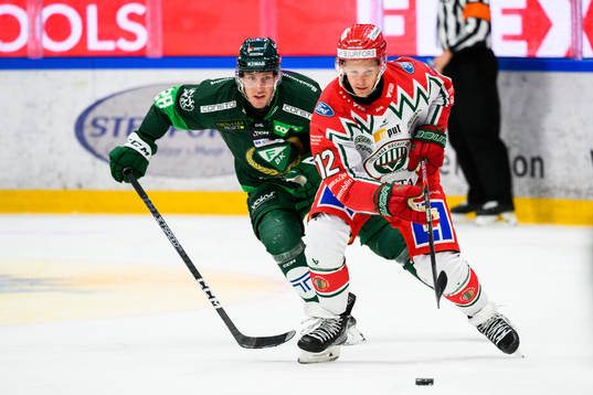 Färjestads Mattias Göransson och Frölundas Max Friberg