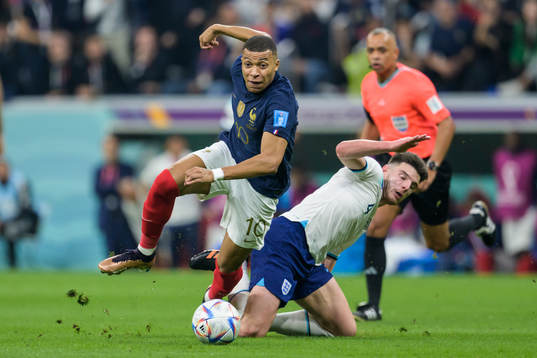 Kylian Mbappe of France and Declan Rice of England