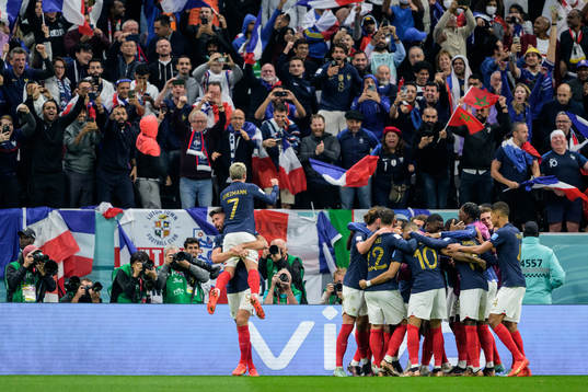 Olivier Giroud and Antoine Griezmann of France celebrate
