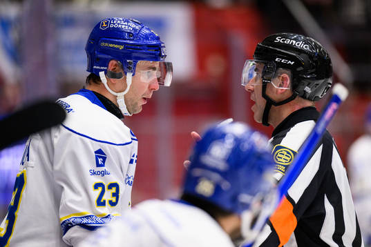 Leksands Mikael Ruohomaa i diskussion med domaren