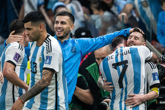 Rodrigo de Paul and Lionel Messi of Argentina celebrate the