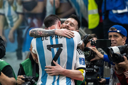 Rodrigo de Paul and Lionel Messi of Argentina celebrate the