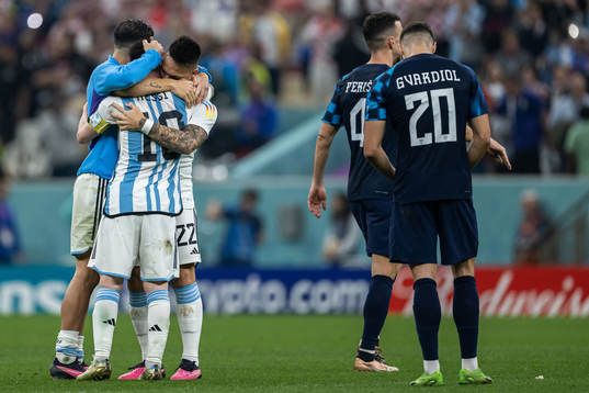 Lionel Messi and Lautaro Martinez of Argentina celebrate