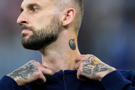 Details of tattoos of Marcelo Brozovic of Croatia
