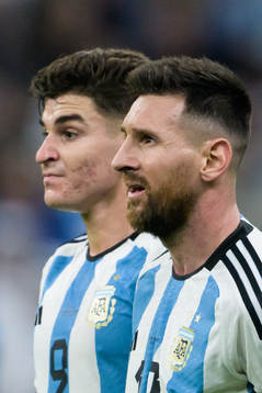 Julian Alvarez and Lionel Messi of Argentina