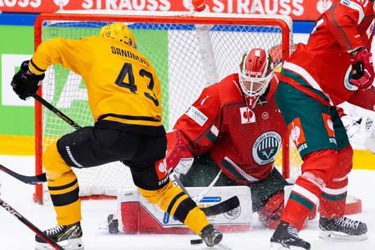 Goalkeeper Lars Johansson of Frölunda saves a shot from
