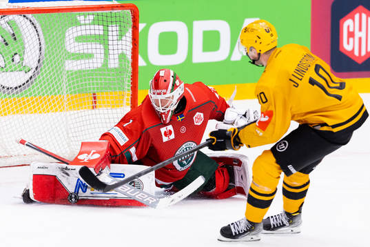 Goalkeeper Lars Johansson of Frölunda saves a penalty shot