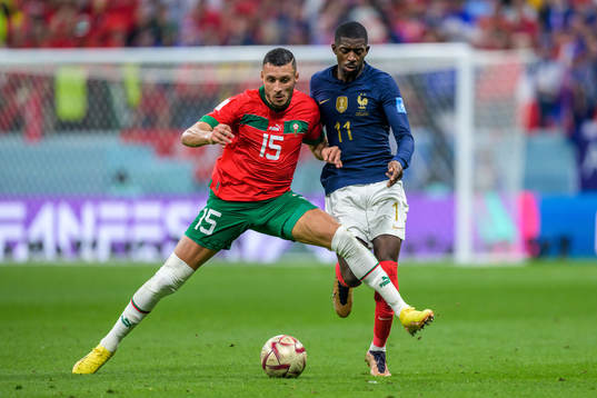 Selim Amallah of Morocco and Ousmane Dembele of France