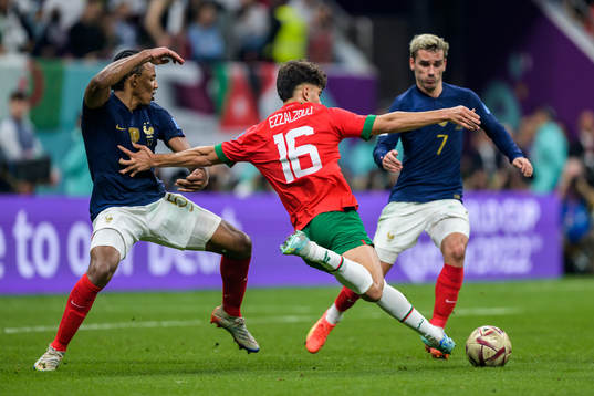 Jules Kounde and Antoine Griezmann of France against Abde