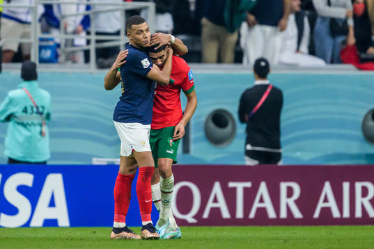Kylian Mbappe of France and Achraf Hakimi of Morocco