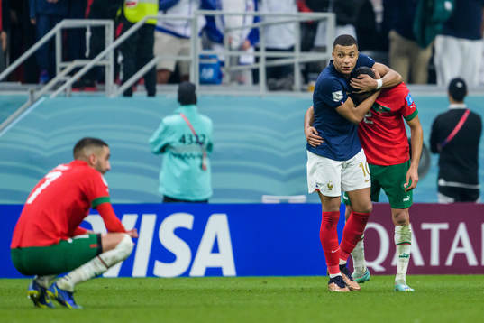 Kylian Mbappe of France and Achraf Hakimi of Morocco