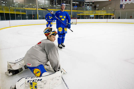 Goaltender Carl Lindbom of Sweden at a Practice session